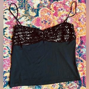 ABS by Allen Schwartz black Sequin formal SPAGHETTI strap Tank top MEDIUM EUC